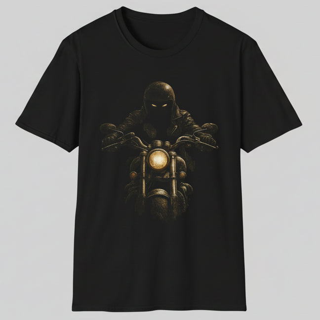 Motorcycle Rider Graphic T-Shirt — Dark Biker Skull with Headlight