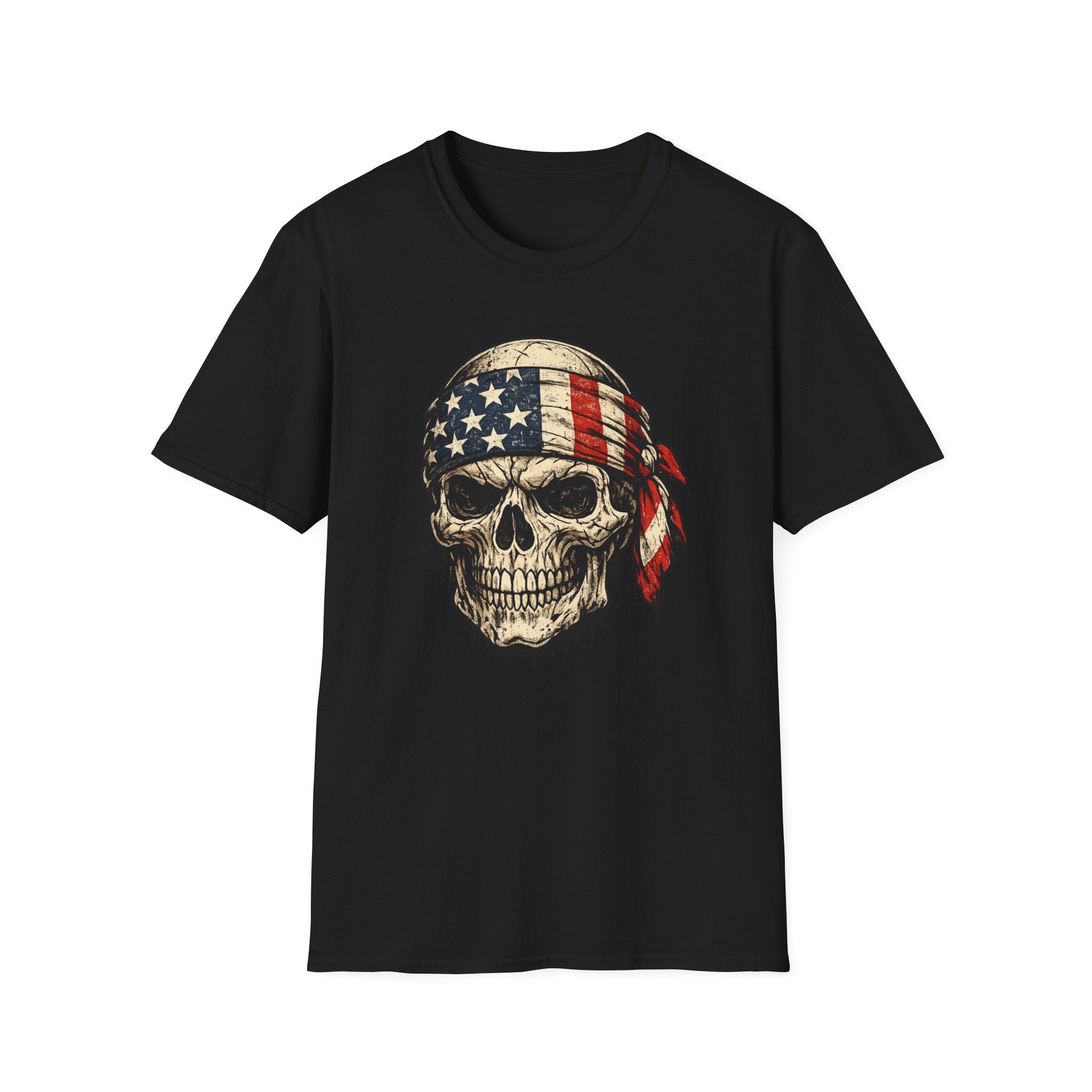 American Flag Skull T-Shirt — Vintage Patriotic Bandana Graphic Tee