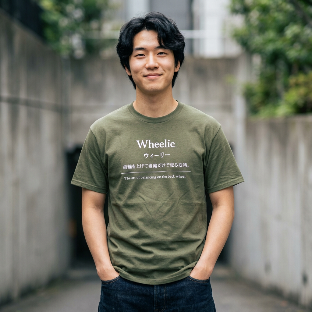 Wheelie Definition Tee — Japanese Text Backflip Motorcycle Stunt Shirt