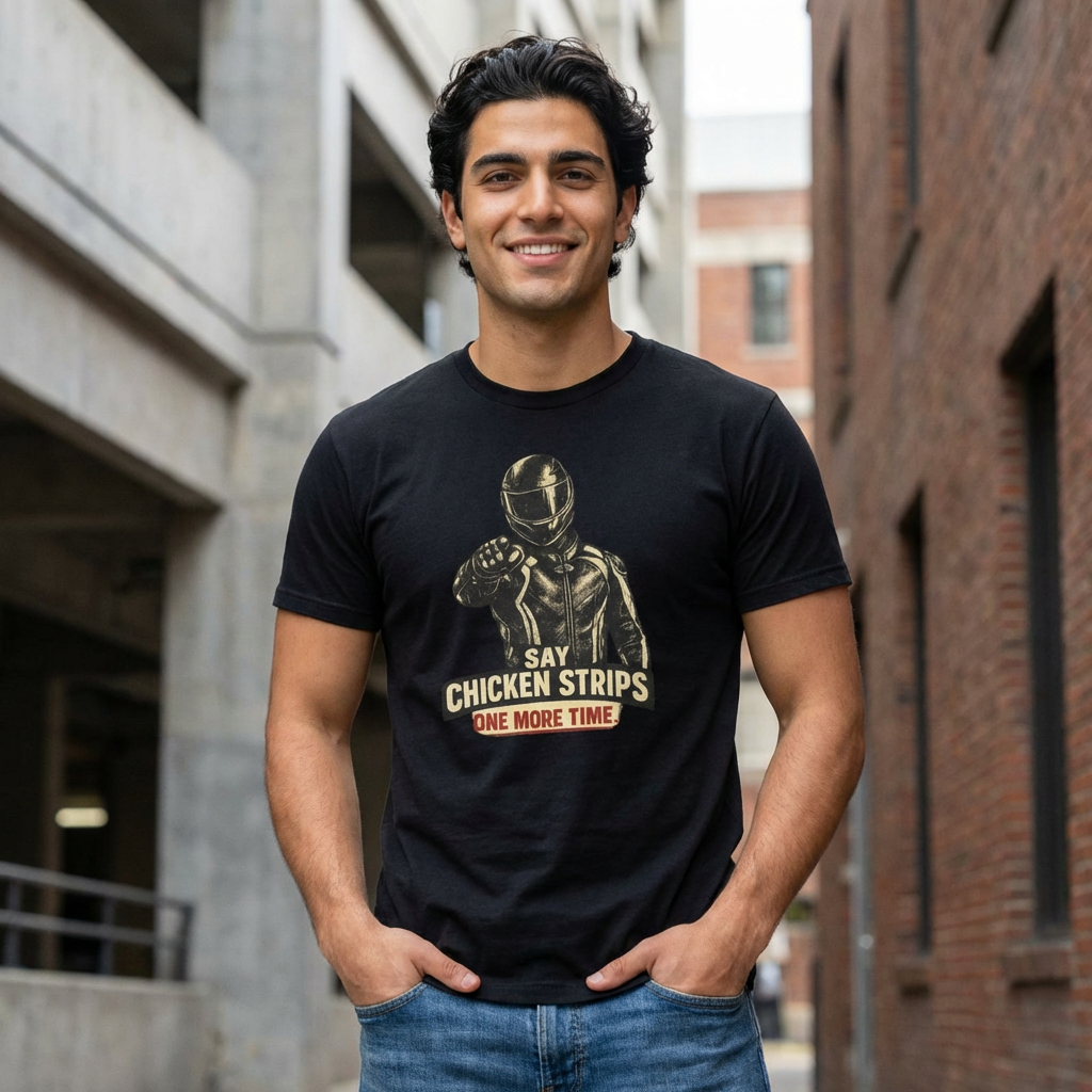 T-Shirt — 'Say Chicken Strips One More Time' Retro Biker Graphic Tee