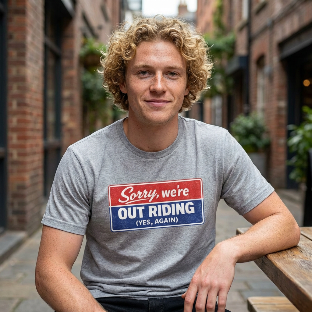 Out Riding T-Shirt — "Sorry, We're Out Riding (Yes, Again)" Vintage Motorcycle Tee