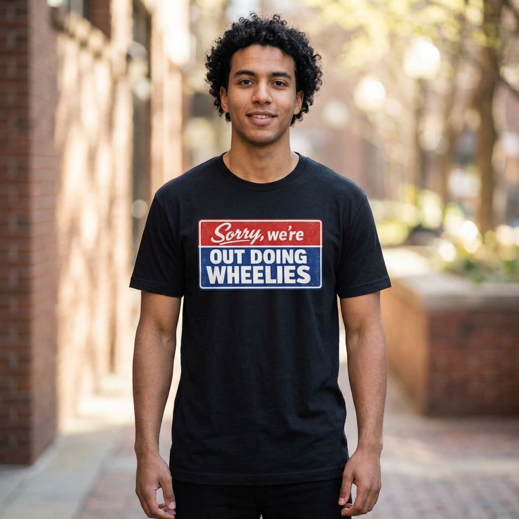 T-Shirt — "Sorry, we’re out doing wheelies" Vintage Racing Graphic Tee
