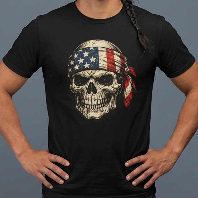 American Flag Skull T-Shirt — Vintage Patriotic Bandana Graphic Tee