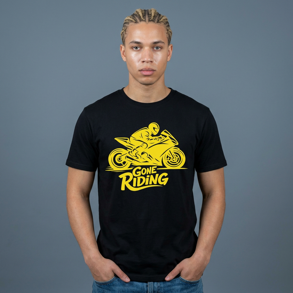 Motorcycle T-Shirt — "Gone Riding" Yellow Sportbike Graphic Tee