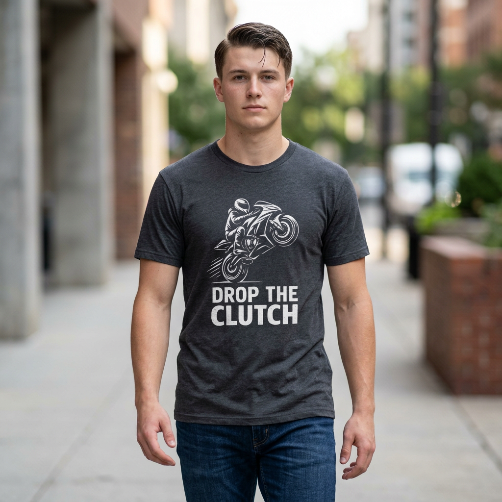 Motorcycle T-Shirt — 'Drop the Clutch' Stunt Rider Graphic Tee